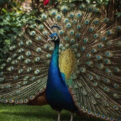 Obraz premium A colorful peacock spreading its feathers in a lush garden.