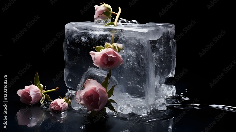 Poster mesmerizing block of ice with frozen flowers and plants encased within set against a dramatic textur