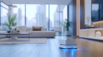 Fototapeta premium Modern robot vacuum quietly cleans sleek living room floor soft blue light illuminates. AI Generated