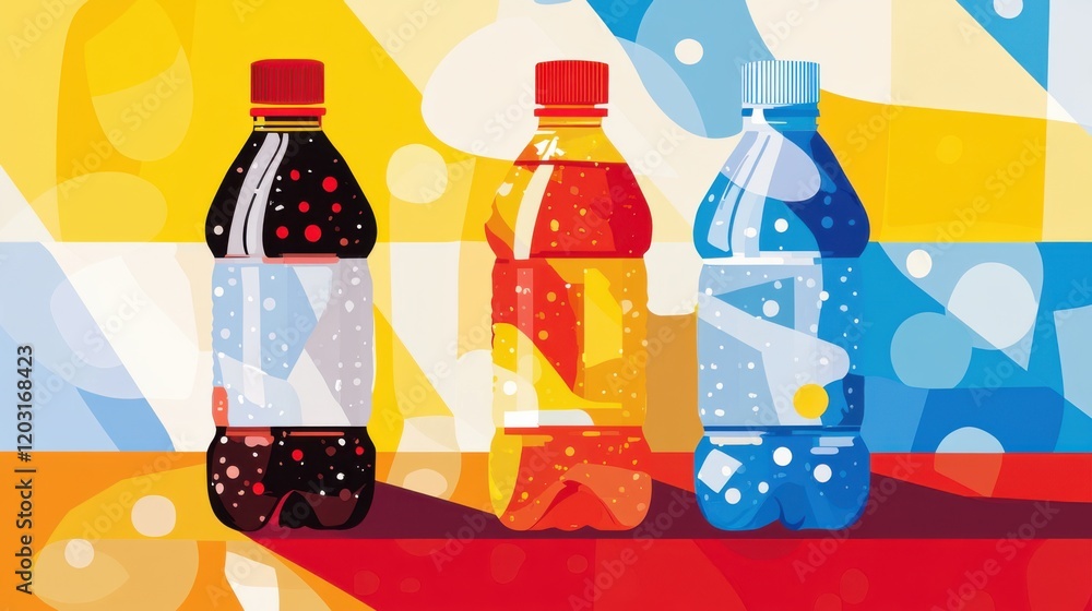 Poster colorful arrangement of soda bottles on a vibrant background with abstract shapes and patterns