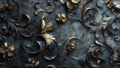 Intricate metal texture with ornate floral patterns and vintage feel, showcasing complex design elements and dark, elegant color palette