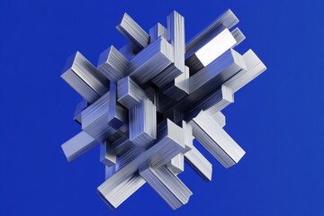Abstract silver geometric shapes cluster on blue background.
