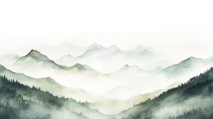 Watercolor of landscape forest misty mountains horizon and fog and hills,pine tree fir tree,Autumn forest background,drawn by hand,Autumn illustration design elements for landscape,wallpaper.