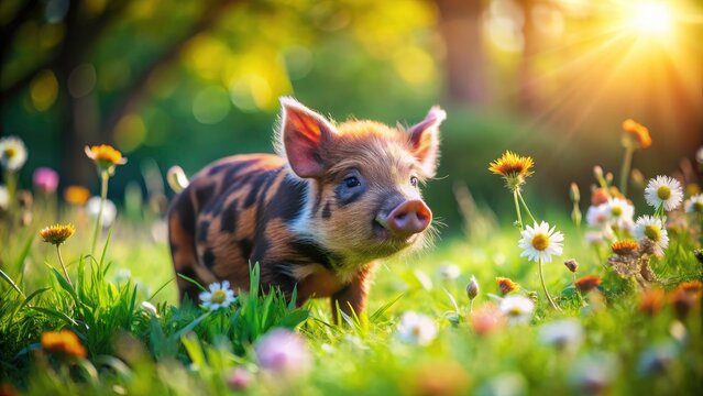 Rare Breed Kunekune Piglet in a Serene Pastoral Setting with Copy Space for Text and Branding