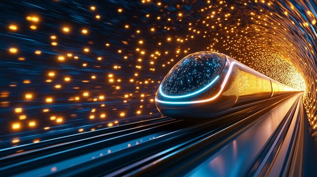A sleek, futuristic hyperloop train dashes through a glowing tunnel, its aerodynamic design blending seamlessly with the vibrant golden and blue light trails
