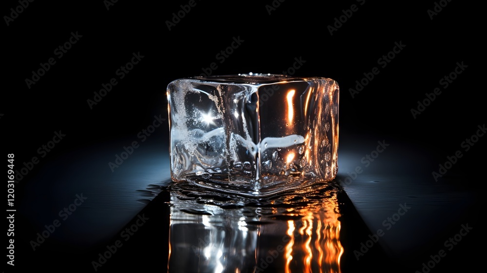 Poster a single ice cube slowly melting on a sleek shimmering reflective surface captured with dramatic moo