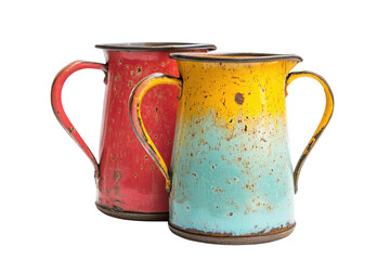 Colorful vintage metal jugs in red and yellow against a white background highlight rustic charm and craftsmanship