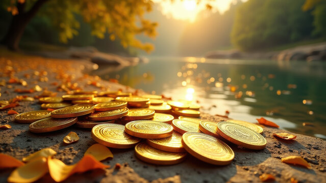 Golden Coins by River at Sunset - Golden hour photography