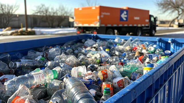 A blue bin full of plastic waste is filled with various types and colors, such as bottles, packaging materials, glassware, paper, and aluminum cans.