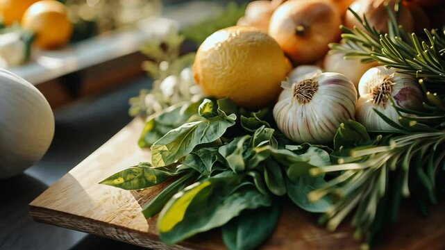 A close-up of various vegetables, including garlic and onions on the table. Onions, rosemary leaves, green spinach leaves, lemons, white garlic cloves, and other ingredients 