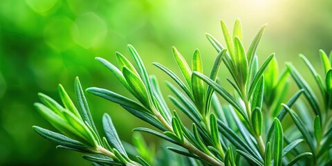 Close-up shot of fragrant fresh rosemary leaves with delicate white hairs and a subtle aroma, against a soft focus green background, fresh herbs, rosemary
