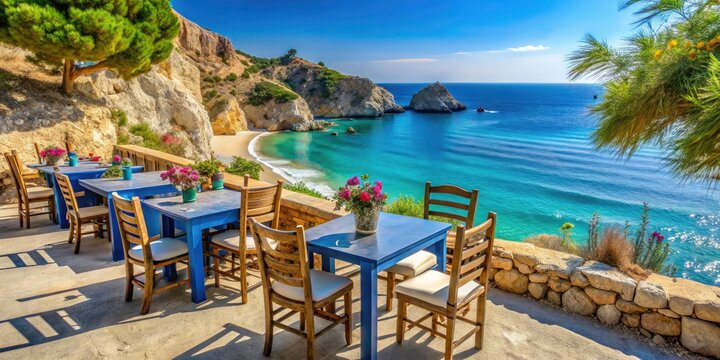 Scenic Taverna Tables Overlooking Lefkos Beach in Karpathos Island, Greece - Stunning Terrace Views, Mediterranean Landscape, Coastal Serenity, and Authentic Greek Atmosphere