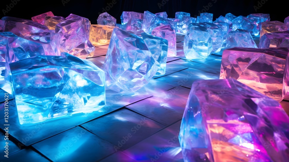 Poster crushed ice glowing with vibrant colors under captivating led lights creating a striking and futuris
