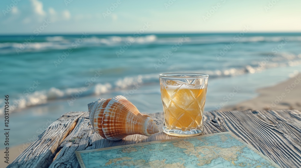 Poster refreshing tropical drink with shell on beachside table