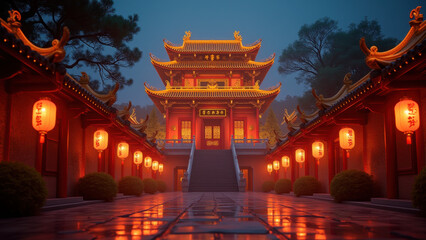 Obraz premium Illuminated Chinese Temple at Dusk - Night photography