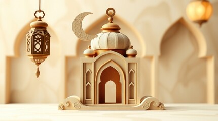  3D render celebrating Ramadan Kareem. An Arabic lantern, a crescent moon, and a mosque portal are the focal points, crafted from textured papier-mâché in dynamic motion. Blurred background