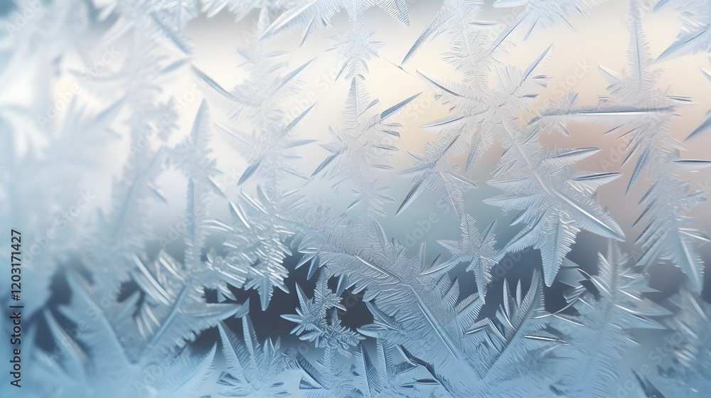 Aufkleber close up view of delicate intricate patterns created by ice crystals forming on a glass window durin