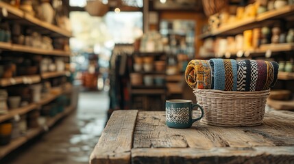 Cozy Artisan Shop Display with Colorful Textiles and Ceramics