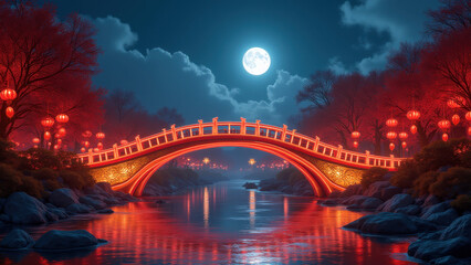 Illuminated Red Bridge, Moonlit Night Scene - Asian aesthetics: The.