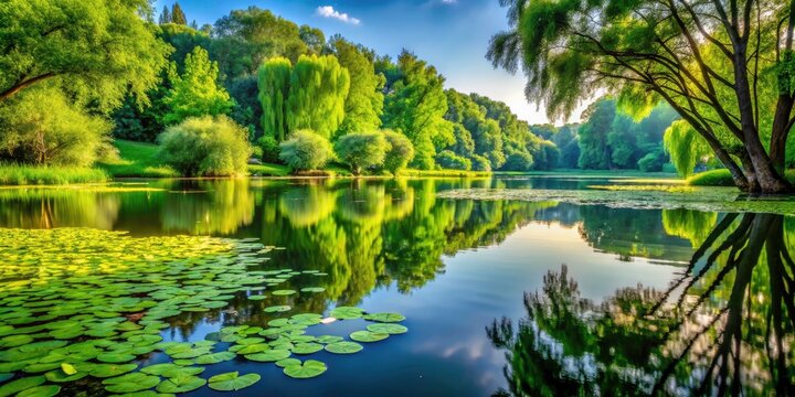 Serene Reflection of Trees in a Tranquil Lake with Duckweed and Piscia Floating in the Calm Waters