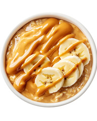 Delicious banana peanut butter oatmeal bowl kitchen food photography bright setting top-down view healthy breakfast delight