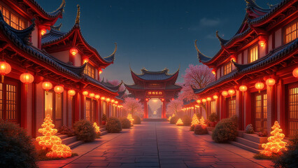 Fototapeta premium Lantern-Lit Chinese Street at Night - Asian-inspired design