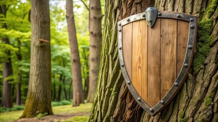 Exposed wooden barding on a medieval-style tree trunk, shield, wooden barding,  shield,wooden barding