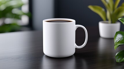 Aromatic Coffee in White Mug on Dark Wooden Desk