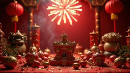 Obraz premium Lunar New Year Celebration: Red & Gold Decor - Cultural celebrations