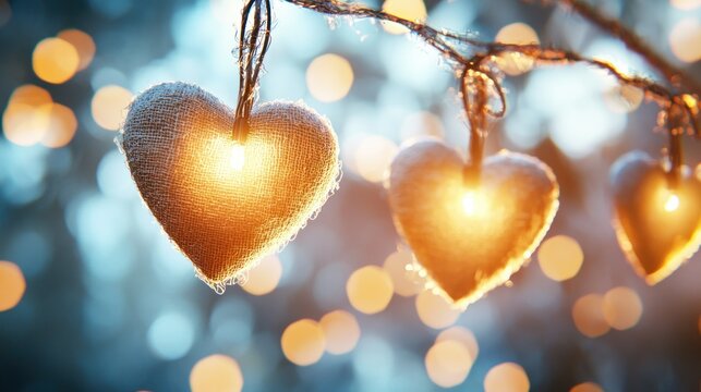 Glowing heart ornaments on a branch with bokeh background at twilight