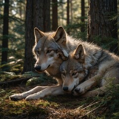 Fototapeta premium wolf in the forest. European Grey Wolf, Canis lupus in a german parkgray wolf lupus.