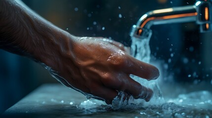 Fototapeta premium A person standing at a bathroom sink washing their hands thoroughly under running water and lathering up with soap to create a soapy foam