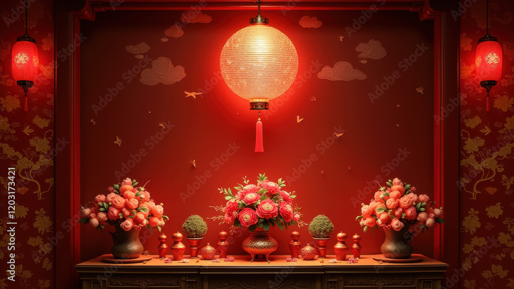 Wall mural Lunar New Year Red Lantern & Flowers - Asian-inspired design