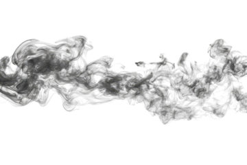 Wispy smoke swirls gracefully against a white background, creating an abstract artistic pattern and evoking a sense of mystery and movement