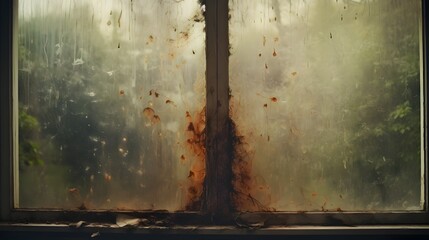 Close up view of a dirty window glass surface with smudges fingerprints and grime that partially obstructs the view through the transparent surface