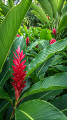 red and yellow flowers, Vibrant green leaves of Red Ginger Alpinia surround a striking red flower with delicate petals, adding a pop of color to a lush tropical scene
