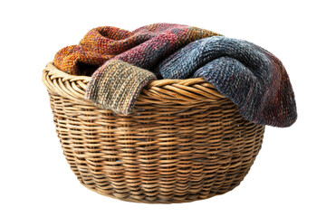 Obraz premium Cozy woven basket filled with colorful knitted blankets and throws in a warm home setting