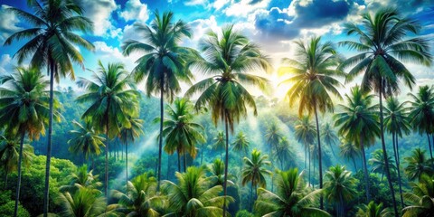 Stunning Double Exposure Aerial View of Palm Trees Silhouetted Against a Bright Blue Sky, Perfect for Tropical, Nature, and Travel-themed Projects