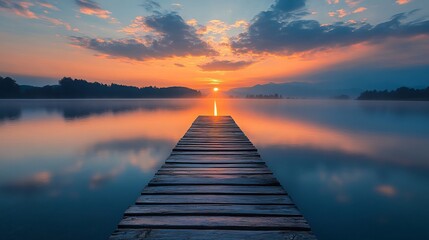 Obraz premium Breathtaking sunset casts warm hues over a tranquil lake with a wooden pier extending gracefully into the water capturing the serene beauty of nature in this peaceful landscape