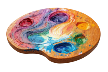 Colorful artist palette with vibrant paint mixtures placed on a clean surface for creative artwork
