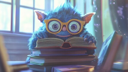 Cute blue monster reading a book surrounded by books in a library.