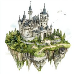 Floating Castle: An enchanting watercolor illustration of a majestic castle perched on a floating island, surrounded by lush greenery and a hint of magic.