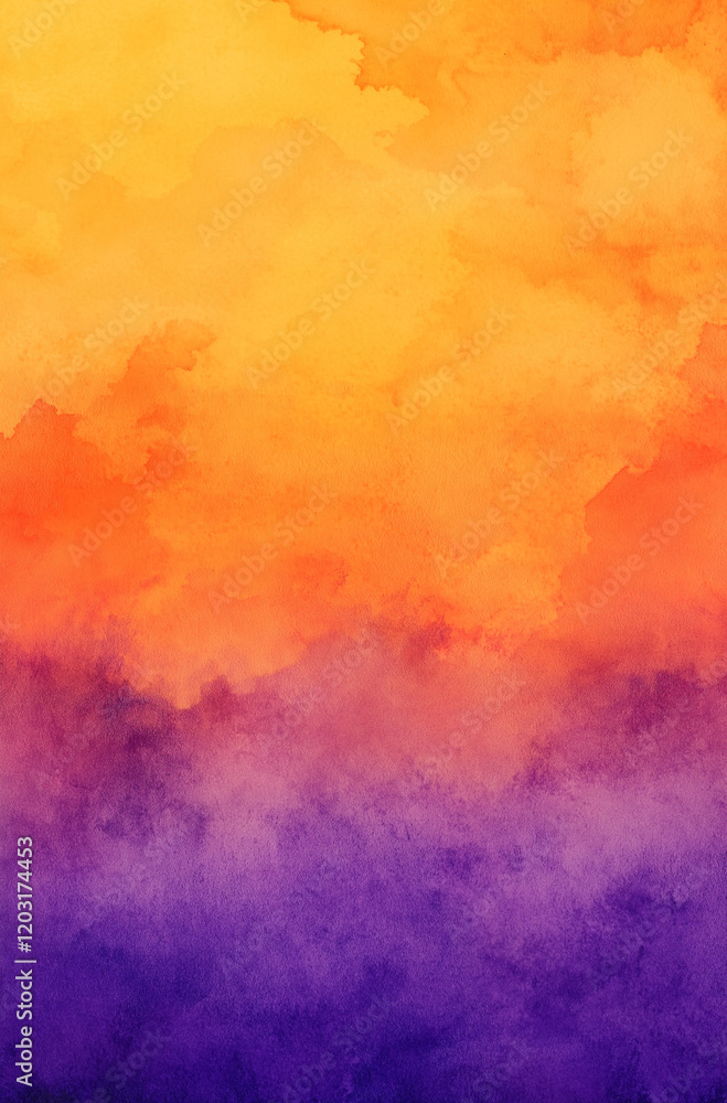 Poster elegant watercolor gradient background from orange to purple with soft clouds and textured surface, 