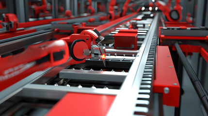 Red robotic arms welding metal on assembly line, suitable for manufacturing, automation, technology, robotics, industry, engineering, and production concepts.