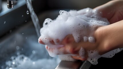 Fototapeta premium Close up view of a hand wearing protective gloves vigorously scrubbing the surface of a sink creating a frothy lather of cleaning bubbles Household chore domestic duty and hygiene concept