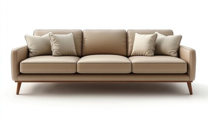 Obraz premium Beige sofa, three cushions, wooden legs.
