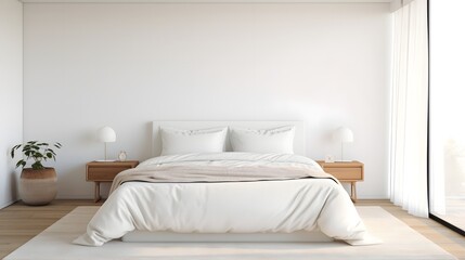 A serene and calming minimalist bedroom featuring crisp white linens subtle decor elements and a clean modern aesthetic for a peaceful and relaxing ambiance