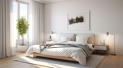 A tranquil and serene minimalist bedroom setting featuring crisp white linens clean lines and a calming harmonious decor that promotes relaxation and rest
