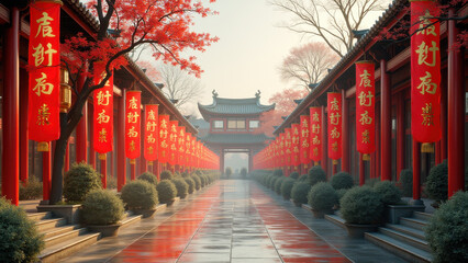 Fototapeta premium Red Lanterns & Pagoda Pathway, China - Asian-inspired design