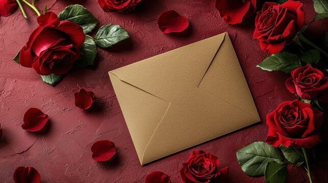 Gold envelope amidst red roses and petals on textured backdrop - Powered by Adobe